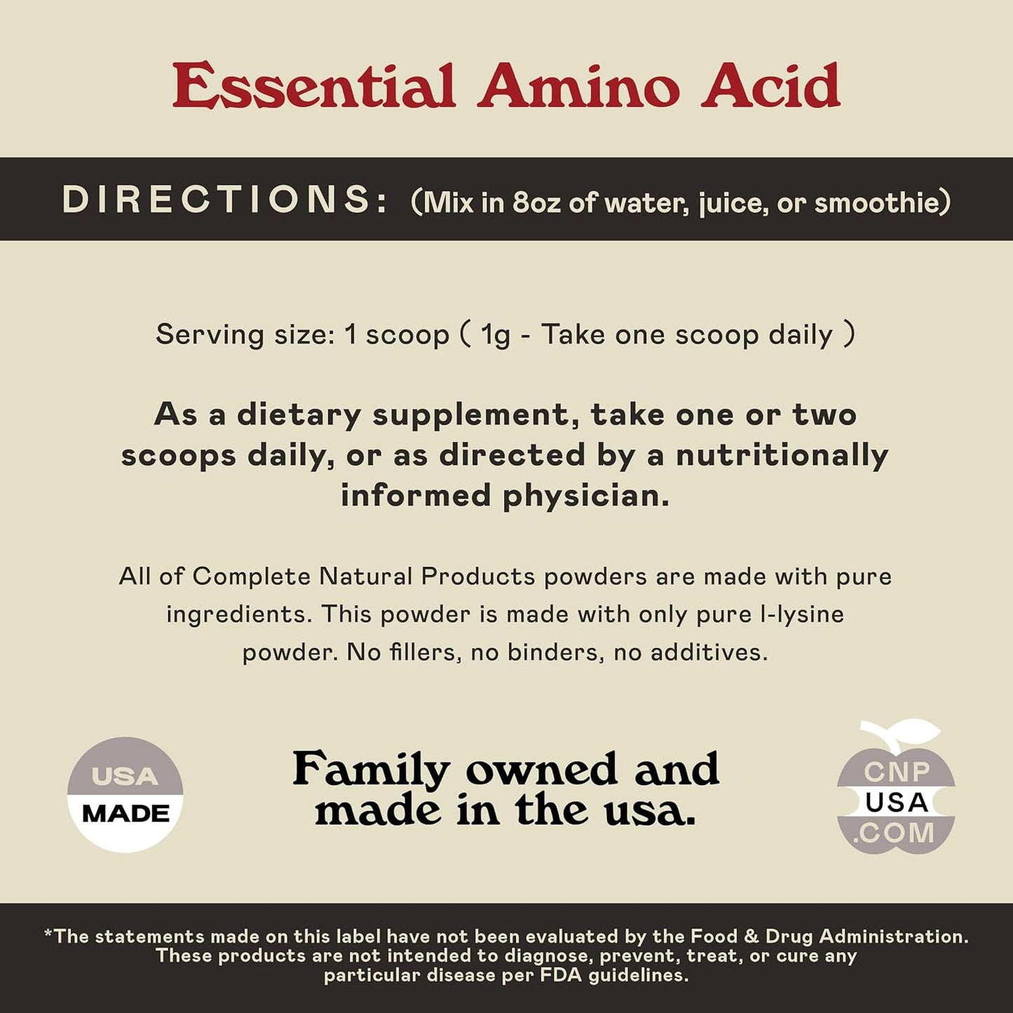 Bulk 8oz L-Lysine Powder Supplement - Natural Product with 200 Servings