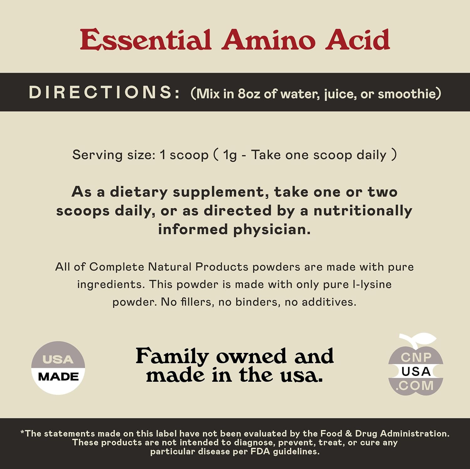 Bulk 8oz L-Lysine Powder Supplement - Natural Product with 200 Servings