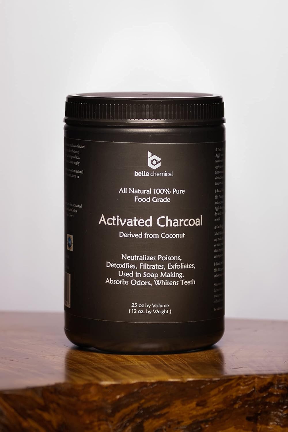 Bulk Belle Chemical Large Coconut Activated Charcoal Powder - Food Grade, Kosher, NSF Certified - Ideal for Teeth Whitening, Facial Scrubs, and Soap Making - Less-Mess Jar