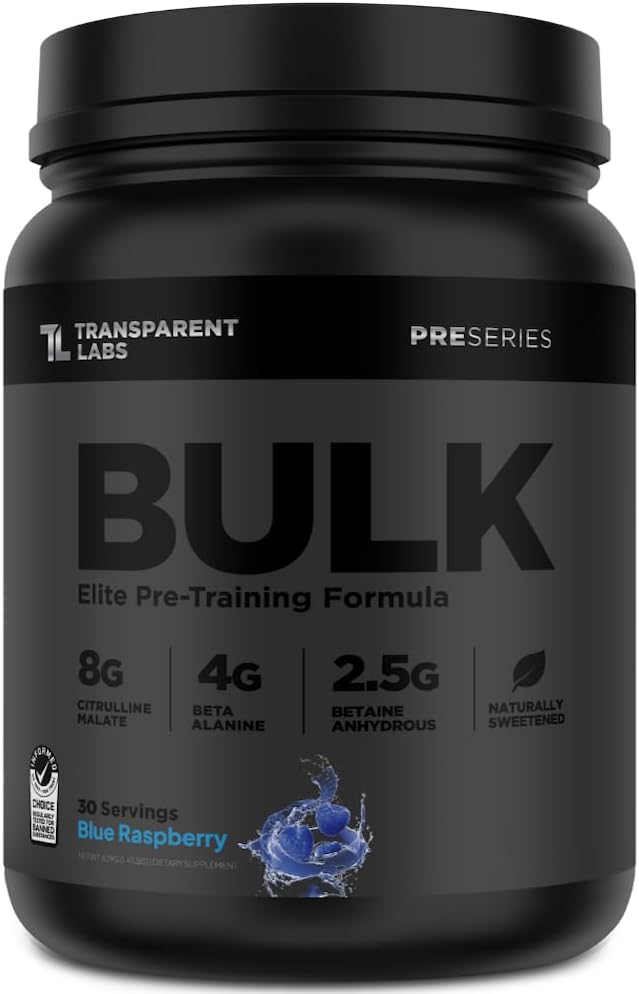 Bulk Black Pre Workout - Clinically Dosed Preworkout with Beta Alanine, Citrulline Malate, & Caffeine - Blue Raspberry - 30 Servings