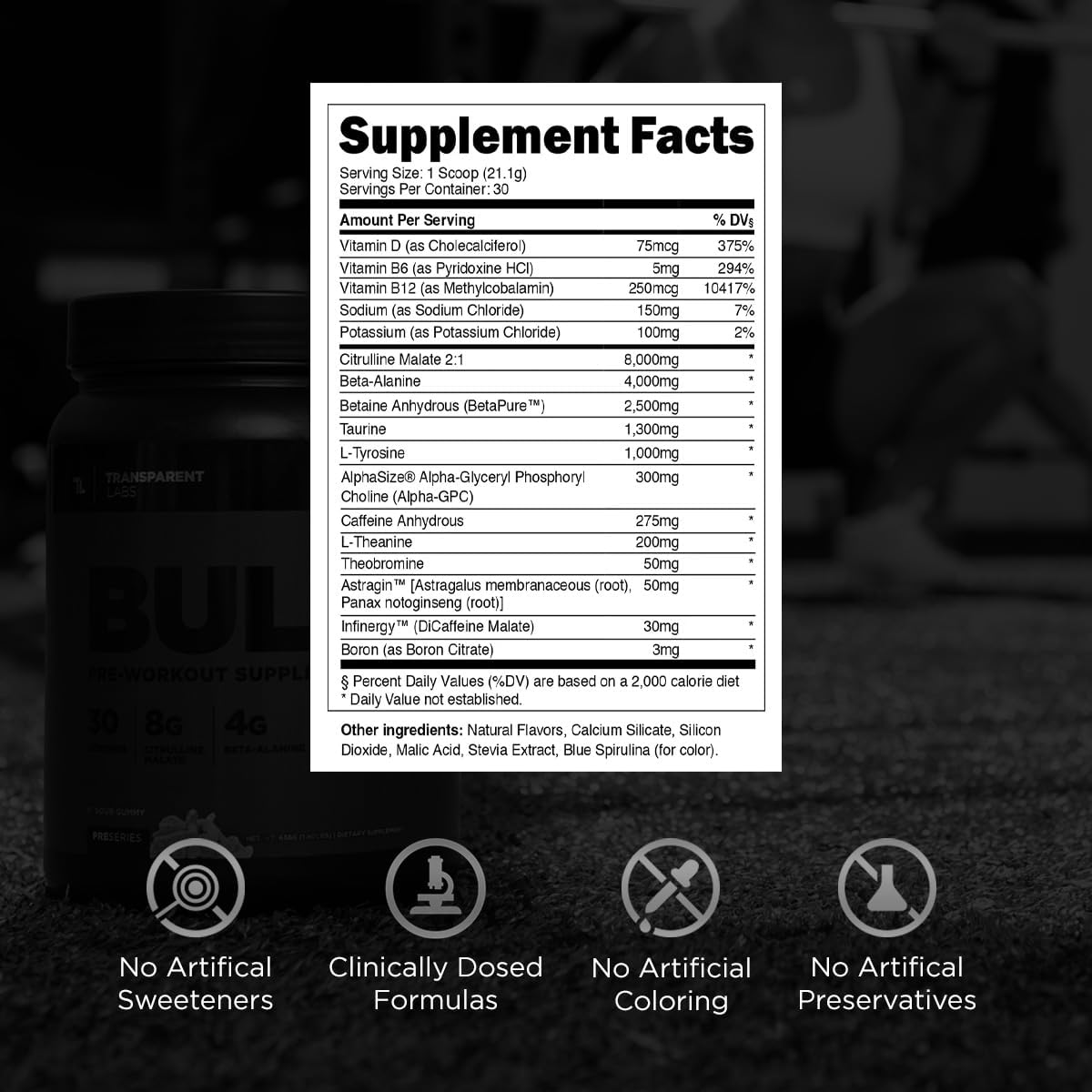 Bulk Black Pre Workout - Clinically Dosed Preworkout with Beta Alanine, Citrulline Malate, & Caffeine - Blue Raspberry - 30 Servings
