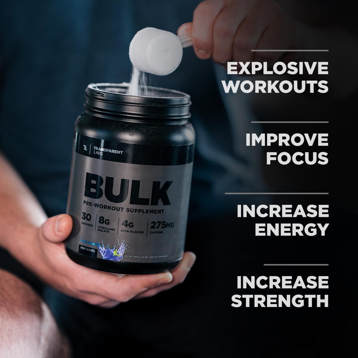 Bulk Black Pre Workout - Clinically Dosed Preworkout with Beta Alanine, Citrulline Malate, & Caffeine - Blue Raspberry - 30 Servings