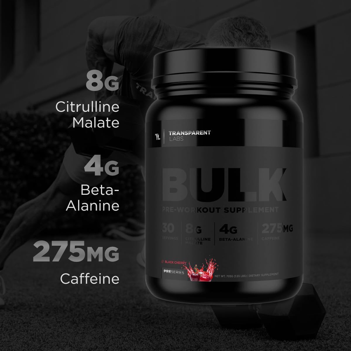Bulk Black Pre Workout - Clinically Dosed Preworkout with Beta Alanine, Citrulline Malate, & Caffeine - Blue Raspberry - 30 Servings