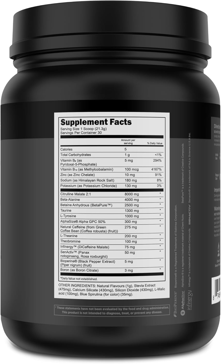 Bulk Black Pre Workout - Clinically Dosed Preworkout with Beta Alanine, Citrulline Malate, & Caffeine - Blue Raspberry - 30 Servings