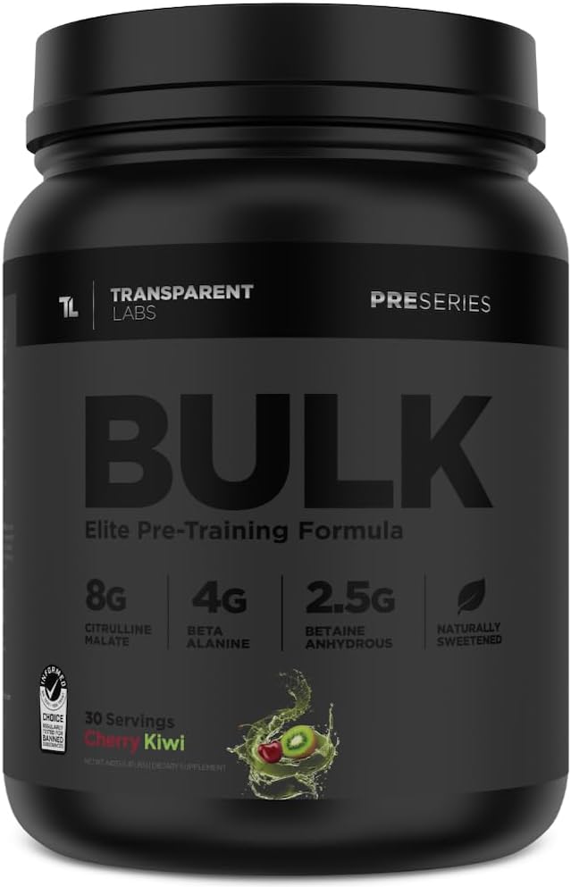 Bulk Black Pre Workout by Transparent Labs - Clinically Dosed Sugar-Free Preworkout with Beta Alanine, Citrulline Malate, & Caffeine. 30 Servings, Cherry Kiwi Flavor for Men and Women