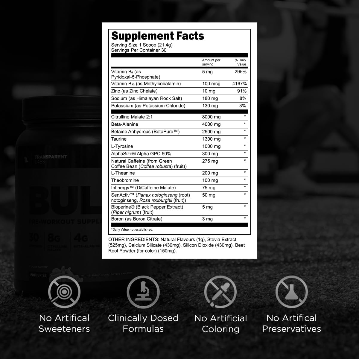Bulk Black Pre Workout by Transparent Labs - Clinically Dosed Sugar-Free Preworkout with Beta Alanine, Citrulline Malate, & Caffeine. 30 Servings, Cherry Kiwi Flavor for Men and Women
