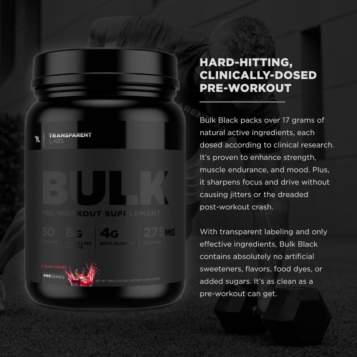 Bulk Black Pre Workout by Transparent Labs - Clinically Dosed Sugar-Free Preworkout with Beta Alanine, Citrulline Malate, & Caffeine. 30 Servings, Cherry Kiwi Flavor for Men and Women