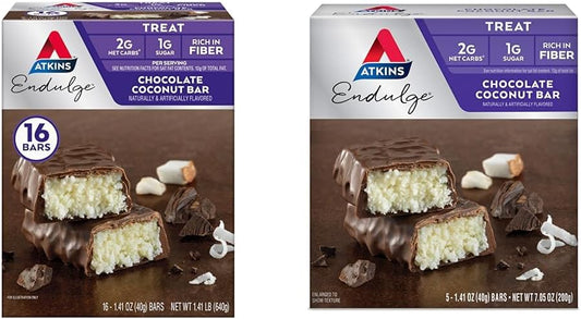 Bulk Bundle: Atkins Endulge Chocolate Coconut Bars - 16 & 5 Count Packs, High Fiber, 1g Sugar, Indulgent Dessert Bars