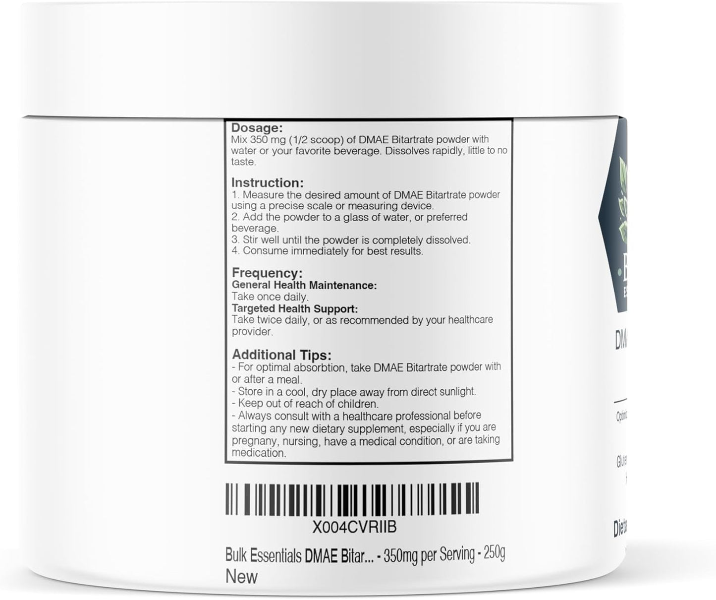 Bulk DMAE Bitartrate Powder Supplement - 350mg per Serving - 250g - Gluten Free - Dimethylaminoethanol Powder