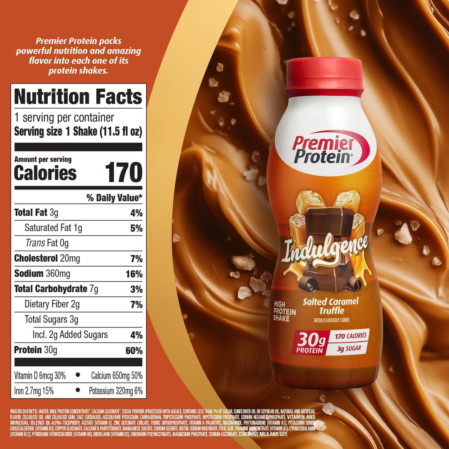 Bulk Pack of 12 Premier Protein Indulgence Salted Caramel Truffle Shakes - 30g Protein, 3g Sugar - 11.5 fl oz