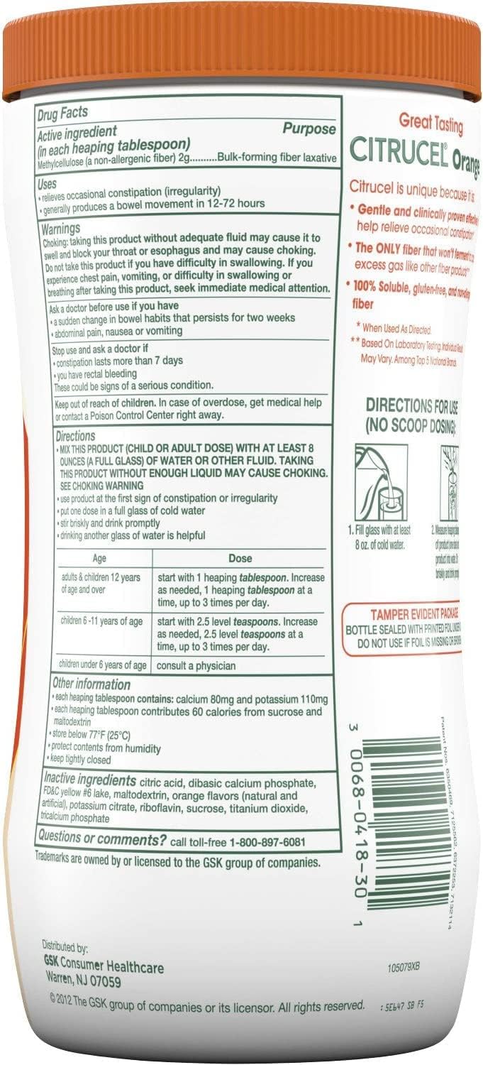 Bulk Pack of 5 Citrucel Powder Orange Flavor 30 oz - Digestive Health Supplement