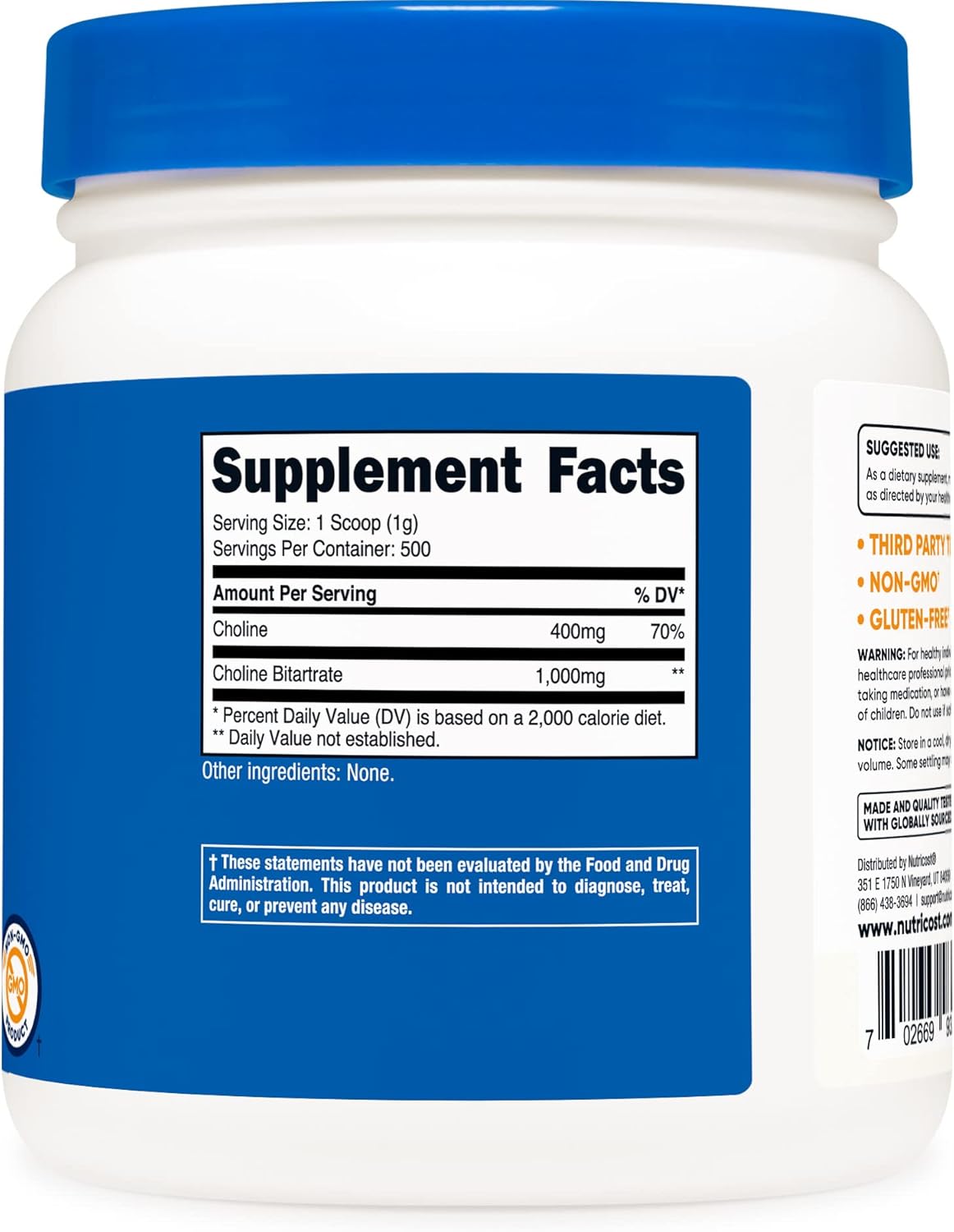 Bulk Pack of Nutricost Choline Bitartrate Powder - 1500G Total Weight, High-Quality Supplement