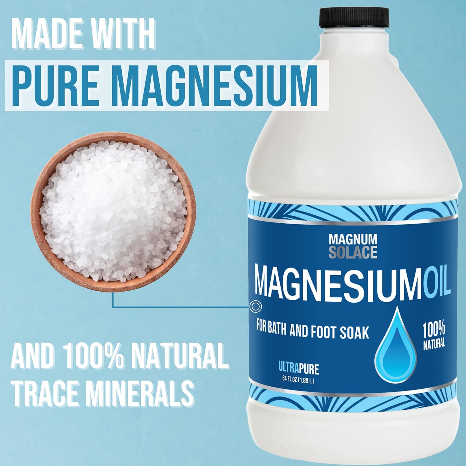 Bulk Size 64 oz Magnum Solace Pure Magnesium Oil, Perfect for Bath Flakes or Refilling Spray