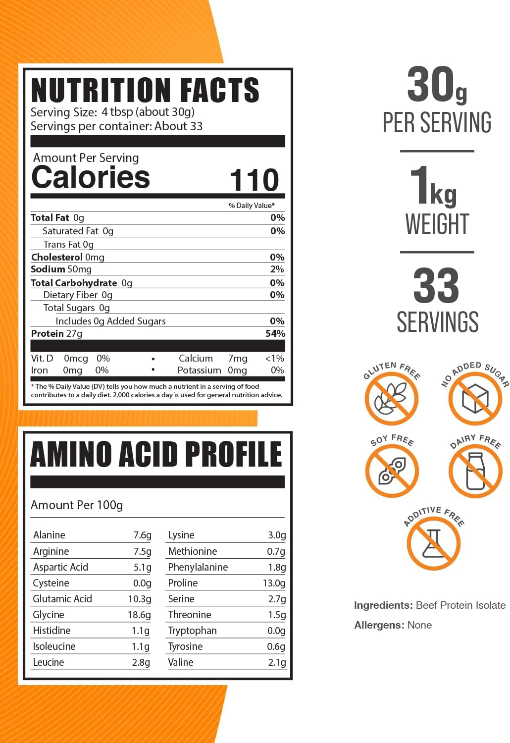 BulkSupplements Beef Protein Isolate Powder - Unflavored & Gluten Free, 30g per Serving, 1kg (2.2 lbs) - Lactose-Free Beef Protein Powder