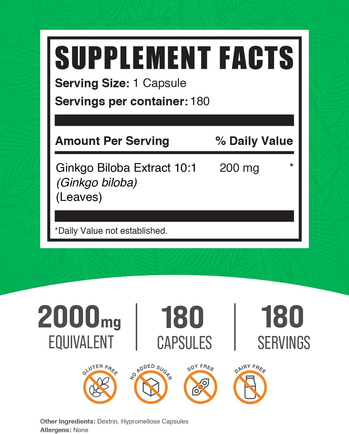 BulkSupplements Ginkgo Biloba Capsules - Herbal Ginkgo Leaf Extract Supplements, Gluten Free, 180 Veg Capsules