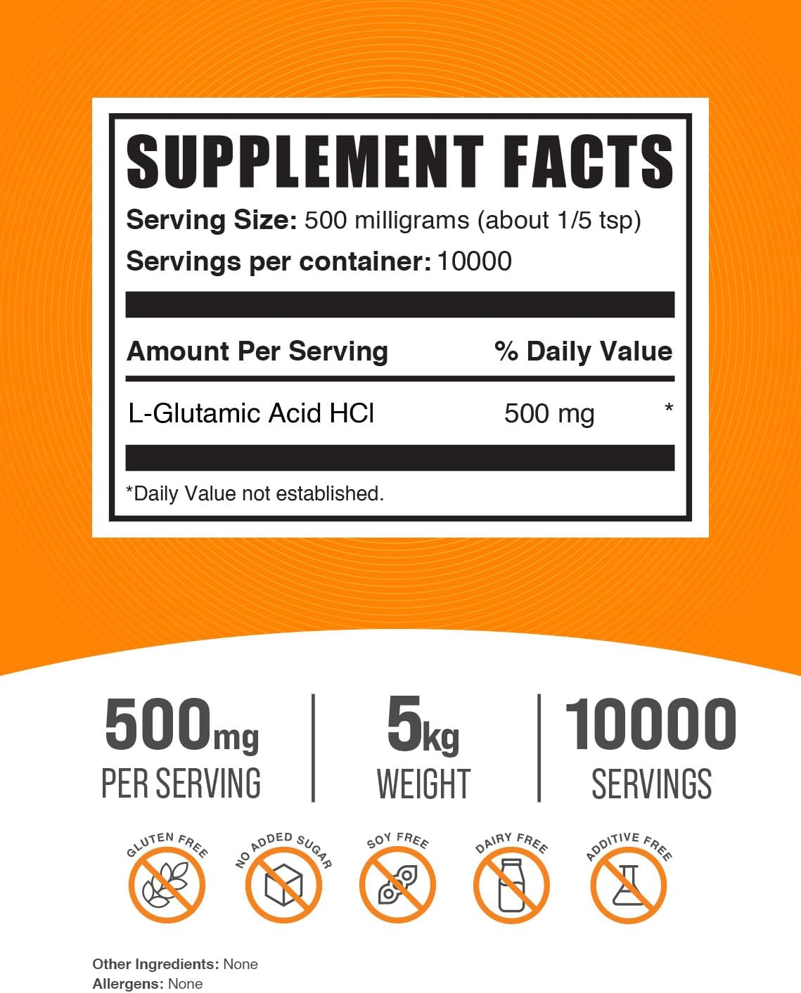 BulkSupplements L-Glutamic Acid HCl Powder - Brain Health Amino Acid Supplement - 500mg per Serving, Pack of 5 (5kg)