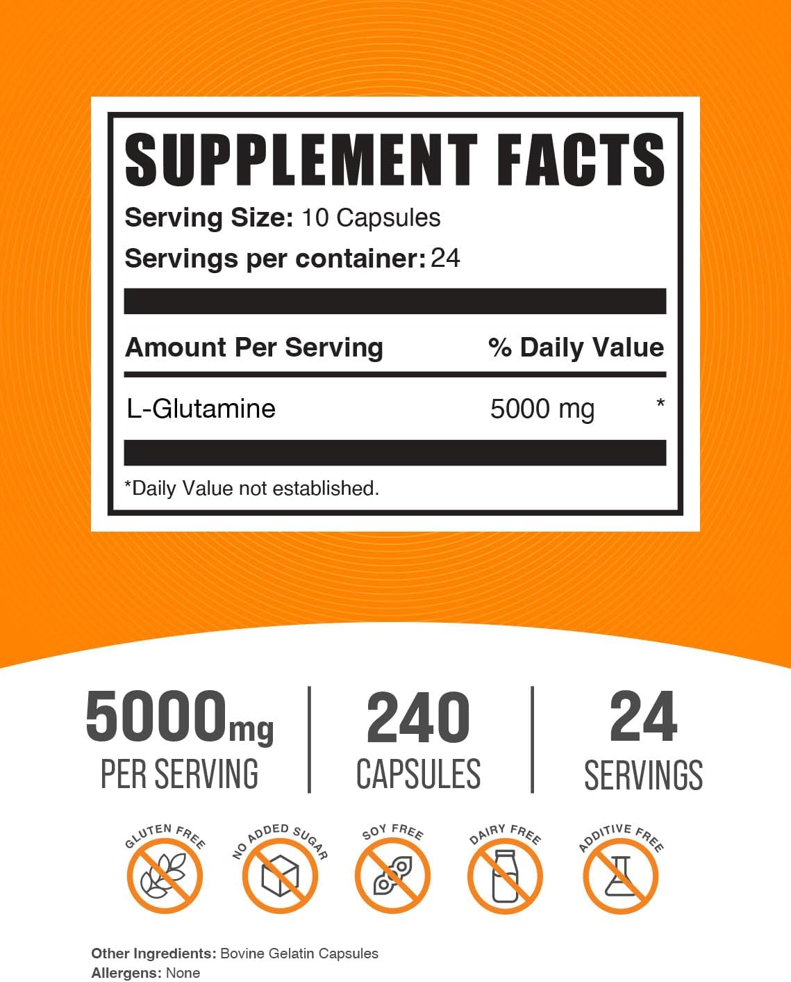 BulkSupplements L-Glutamine Capsules - 5000mg L Glutamine Supplement for Gut Health - Gluten Free Pills, 240 Capsules