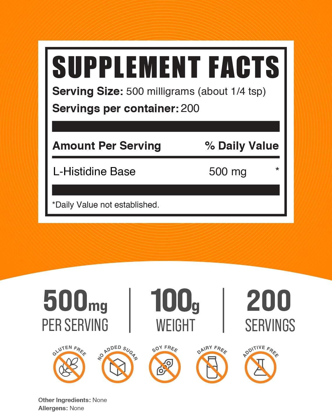 BulkSupplements L-Histidine Powder - Pure L-Histidine Supplement, Essential Amino Acid - Gluten-Free, 500mg per Serving, 100g (3.5 oz) - Single Pack