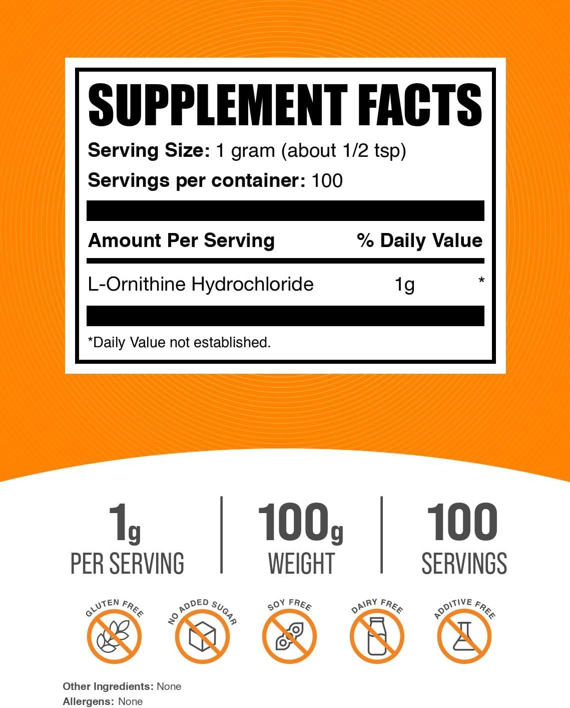 BulkSupplements L-Ornithine HCl Powder - 1000mg Amino Acid Supplement, Gluten Free - 100g (3.5 oz) - Pack of 1