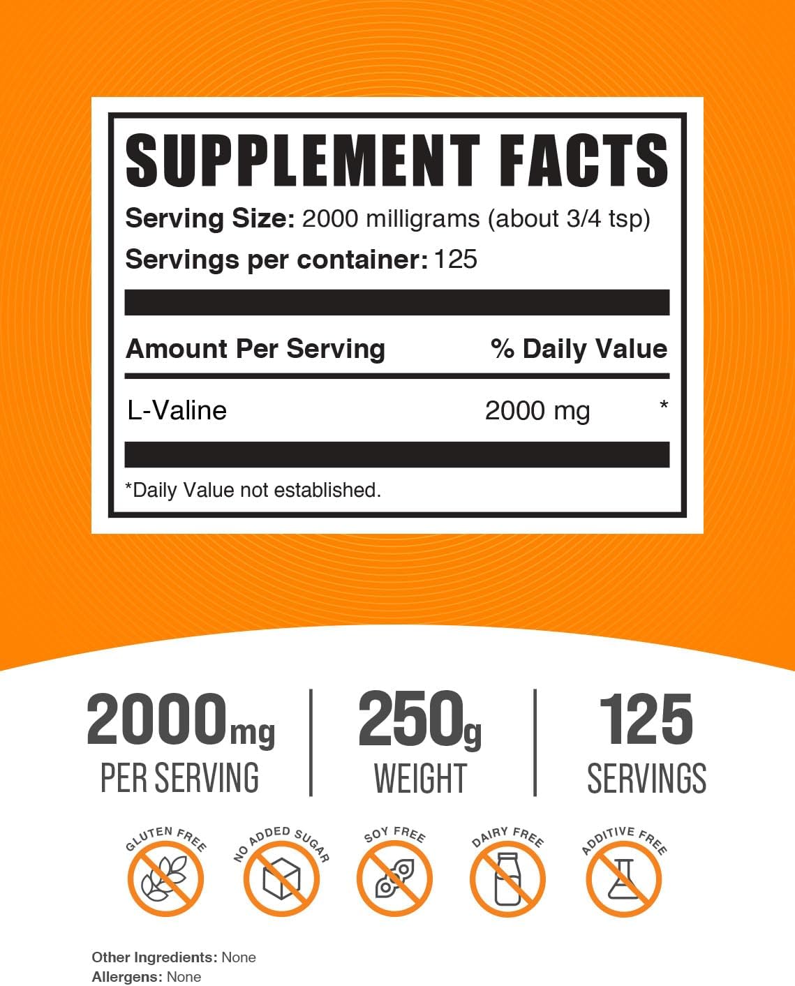 BulkSupplements L-Valine Powder - BCAA Amino Acid Supplement, 2000mg per Serving - Gluten-Free Valine Powder, 250g (8.8 oz)