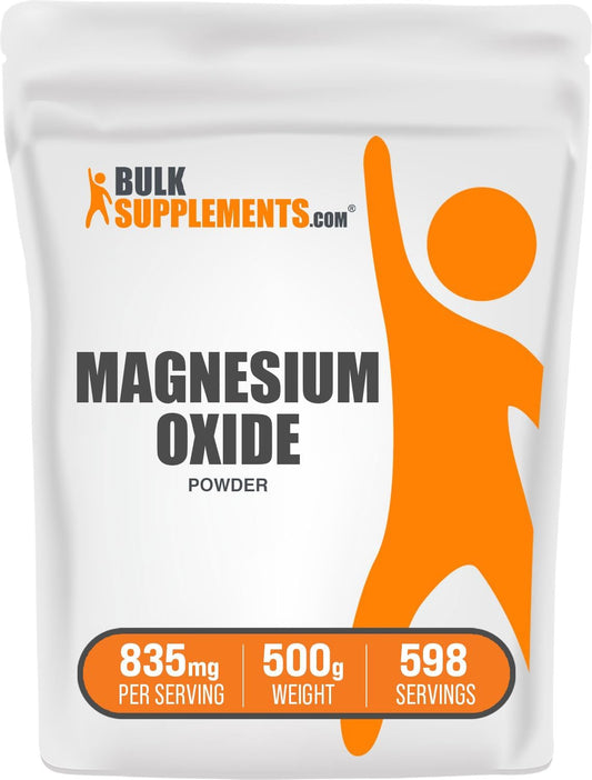 BulkSupplements Magnesium Oxide Powder - 500mg Supplement, Gluten Free, 835mg per Serving - 500g (1.1 lbs) Pack of 1
