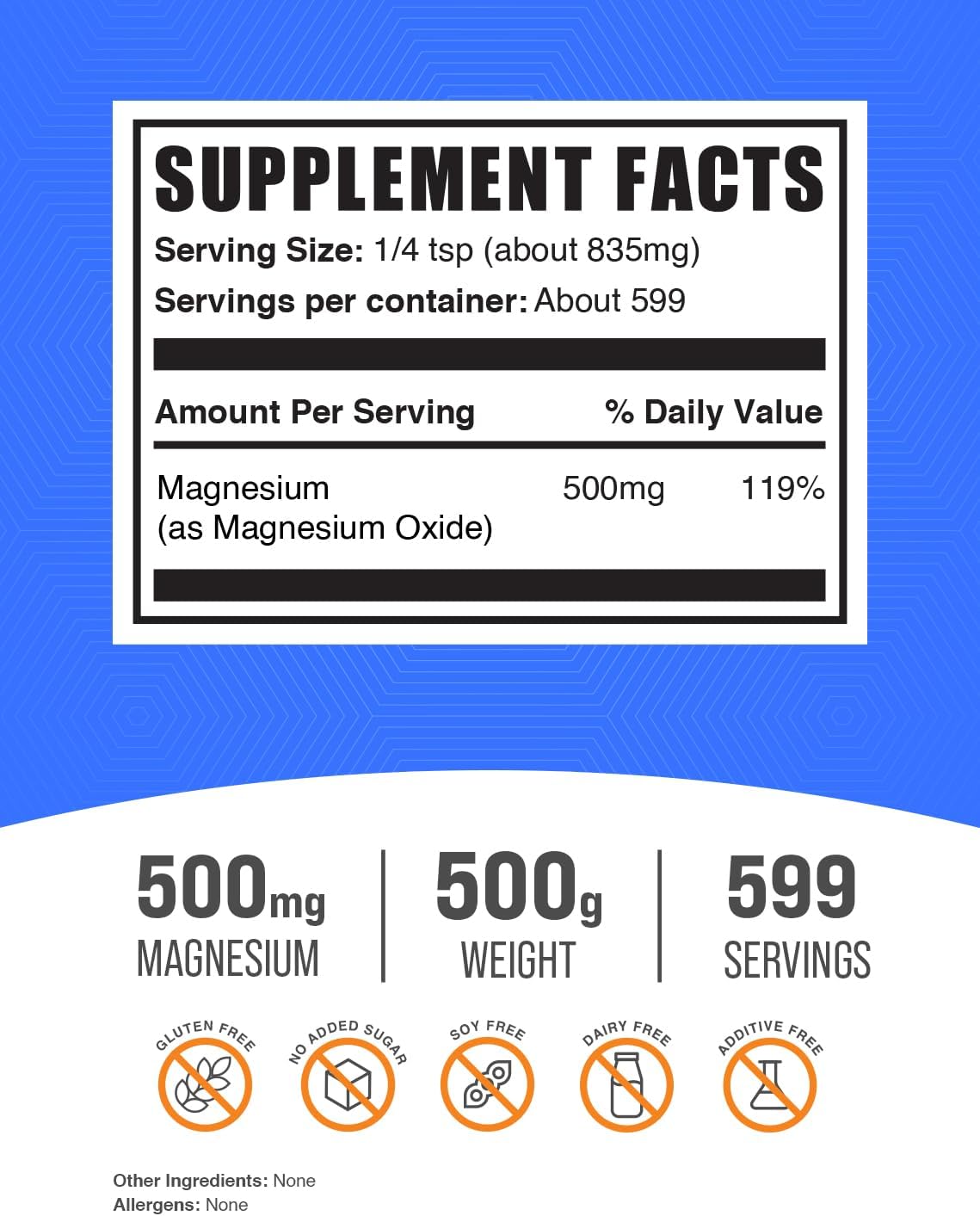 BulkSupplements Magnesium Oxide Powder - 500mg Supplement, Gluten Free, 835mg per Serving - 500g (1.1 lbs) Pack of 1