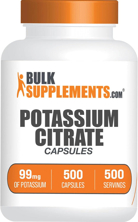 BulkSupplements Potassium Citrate Capsules - 99mg Potassium Supplement - 500 Capsules - Single Serving Capsules