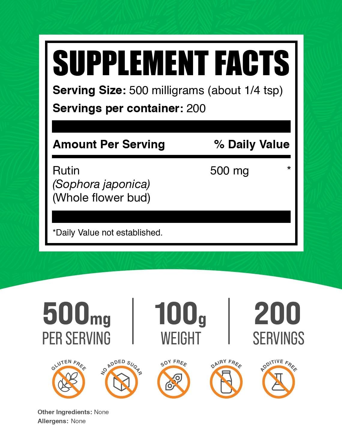 BulkSupplements Rutin Powder - Sophora Japonica Extract, 500mg Rutin Supplement - Antioxidant Source, Soy-Free, 100g (3.5 oz) Pack