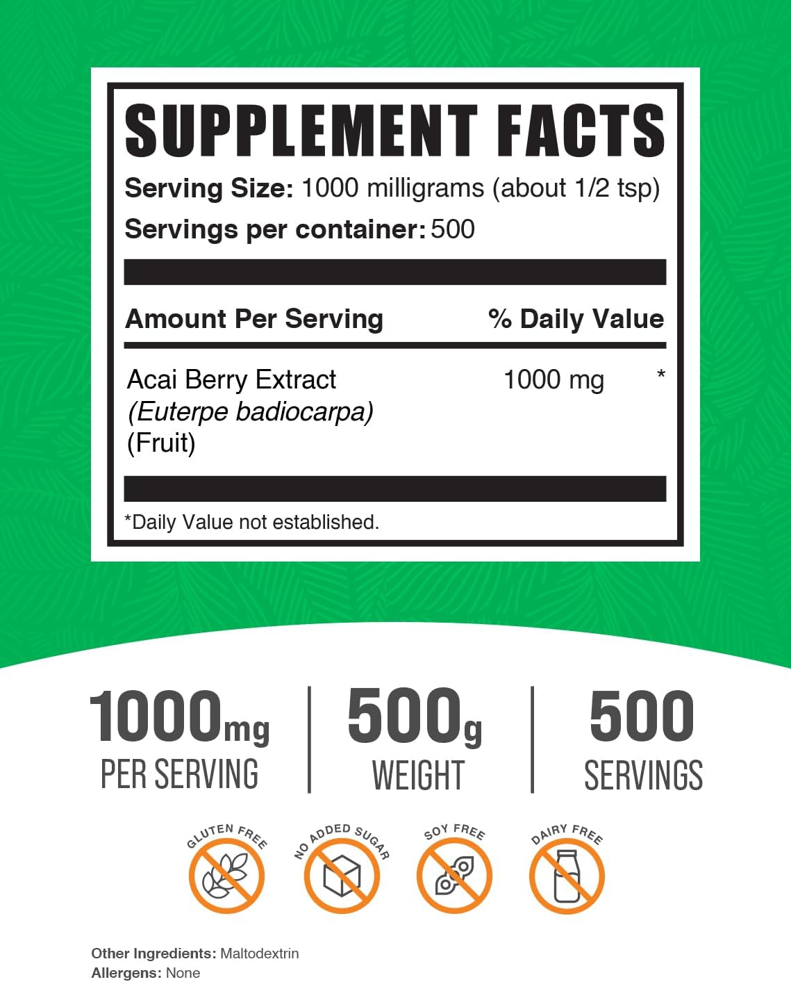 BulkSupplements.com Acai Berry Extract Powder - Gluten Free Antioxidant Supplement - 1000mg per Serving, 500g Pack