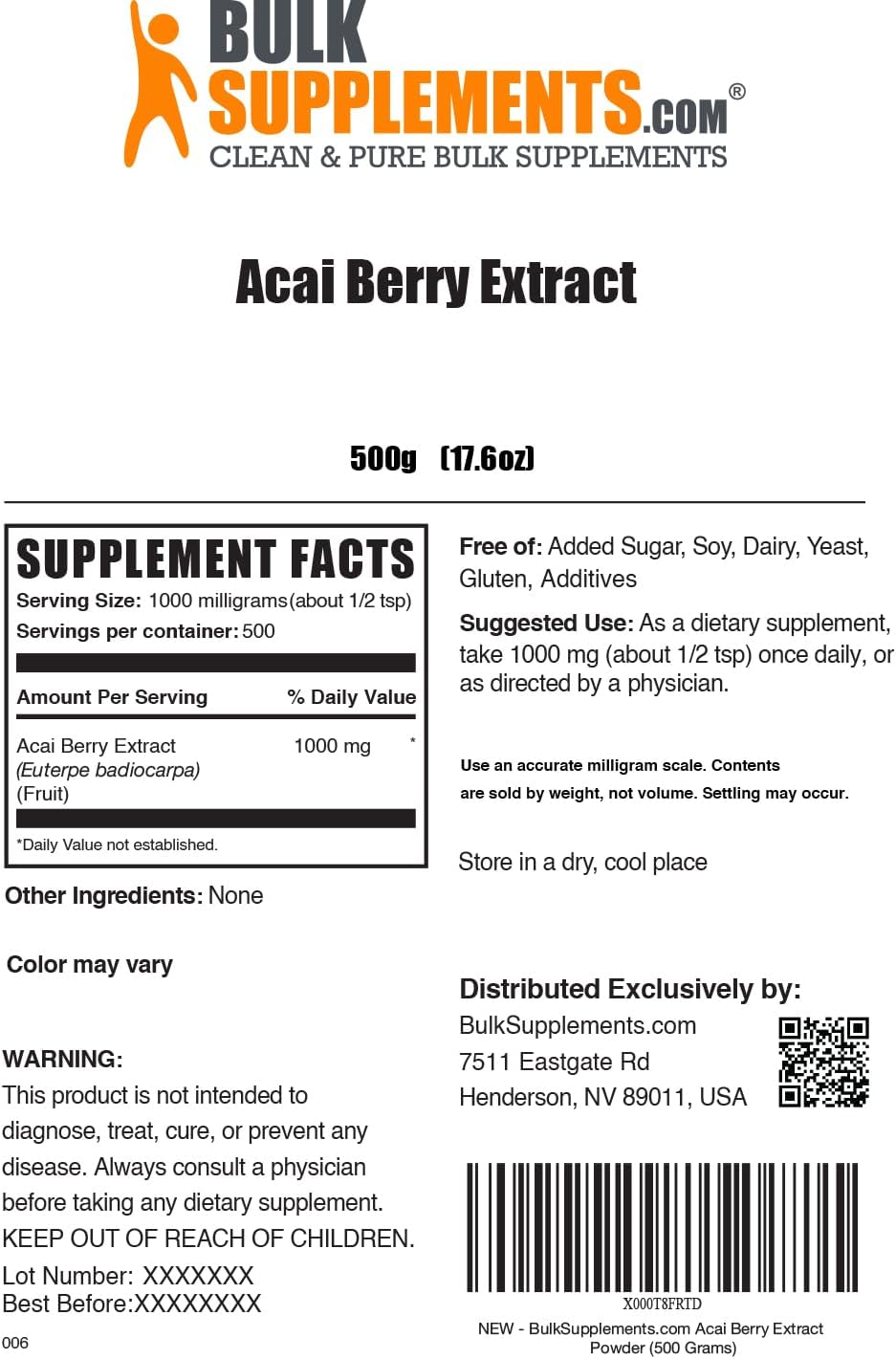 BulkSupplements.com Acai Berry Extract Powder - Gluten Free Antioxidant Supplement - 1000mg per Serving, 500g Pack