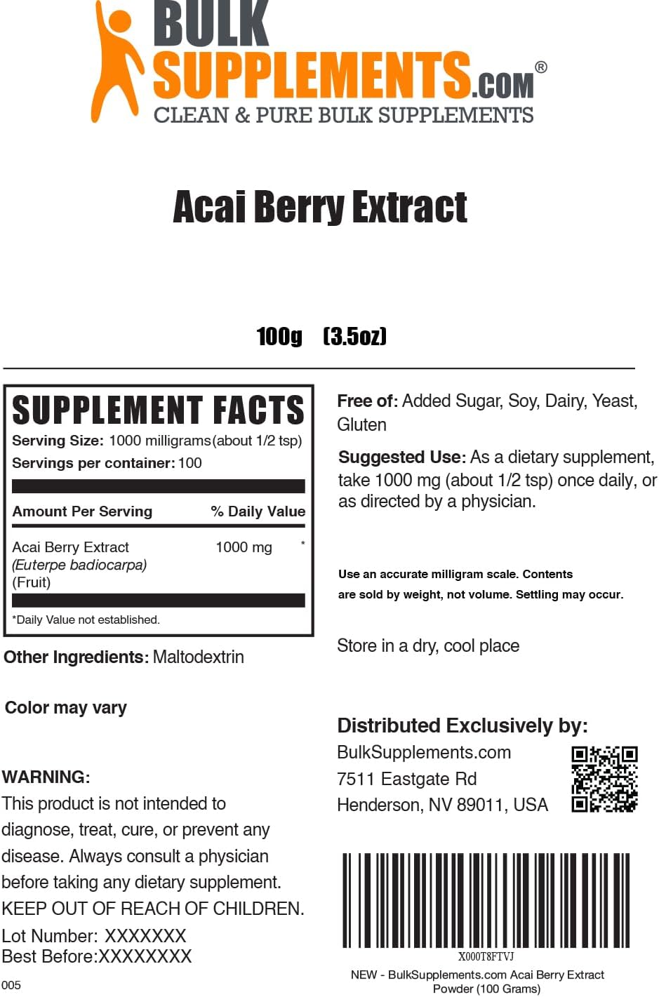 BulkSupplements.com Acai Berry Extract Powder - Rich in Antioxidants, Gluten-Free Acai Powder - 1000mg per Serving, 100g (3.5 oz)