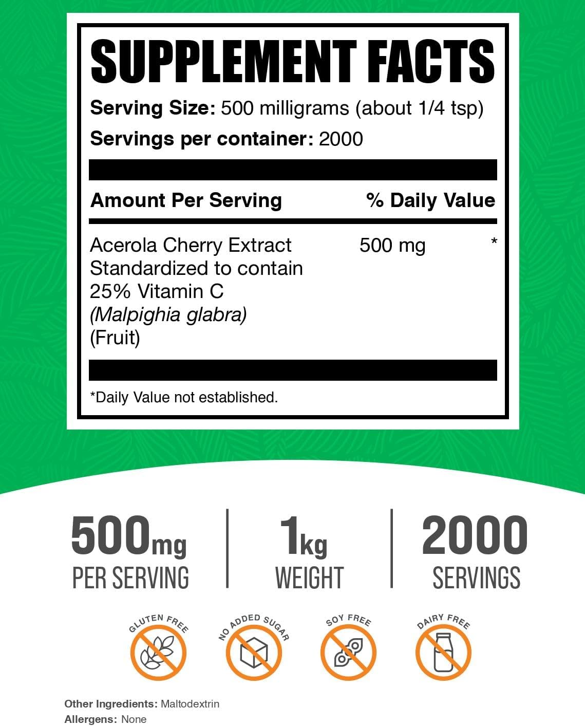 BulkSupplements.com Acerola Cherry Extract Powder - Vegan & Gluten Free, 500mg per Serving, 1kg (2.2 lbs) - Natural Vitamin C Powder