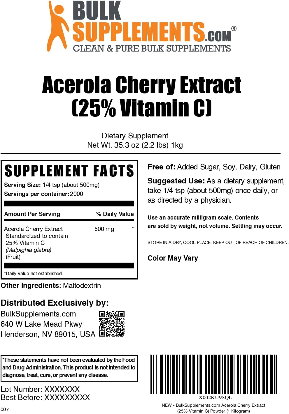 BulkSupplements.com Acerola Cherry Extract Powder - Vegan & Gluten Free, 500mg per Serving, 1kg (2.2 lbs) - Natural Vitamin C Powder