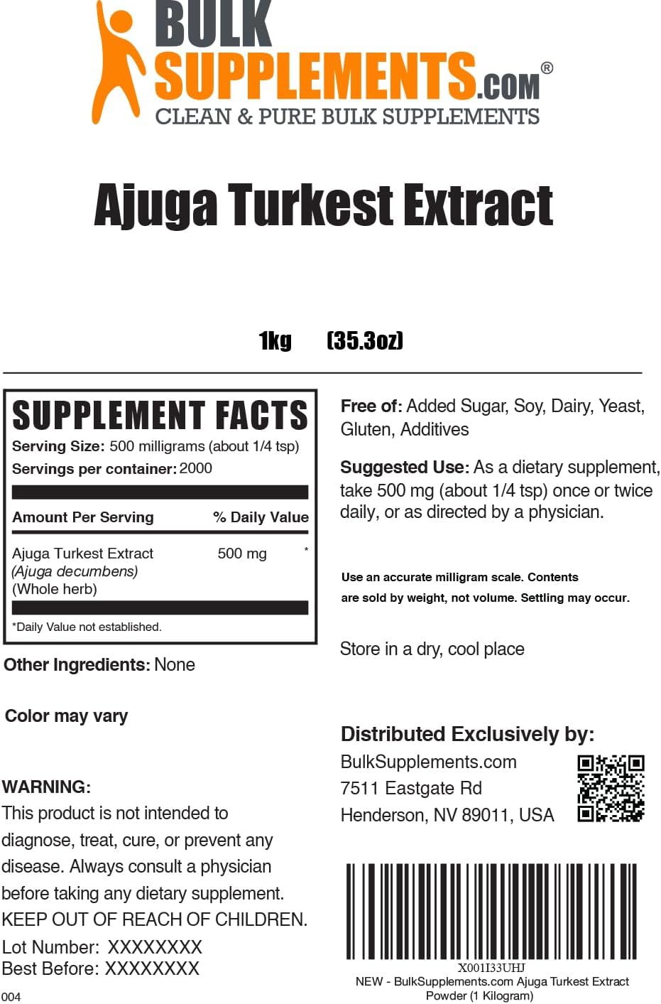 BulkSupplements.com Ajuga Turkest Extract Powder - Pure Herbal Supplement, 500mg per Serving, Gluten Free - 1kg (2.2 lbs) Pack of 1