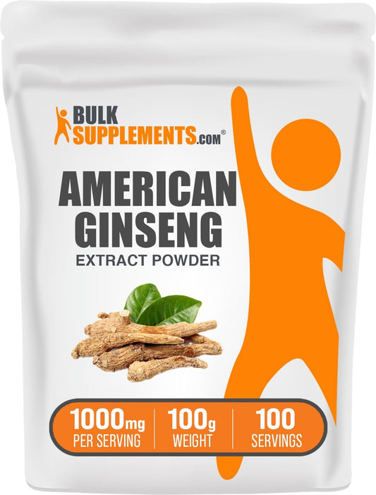 BulkSupplements.com American Ginseng Extract Powder - 1000mg per Serving, 100g (3.5 oz), Gluten Free - Herbal Supplement with Ginseng - Pack of 1