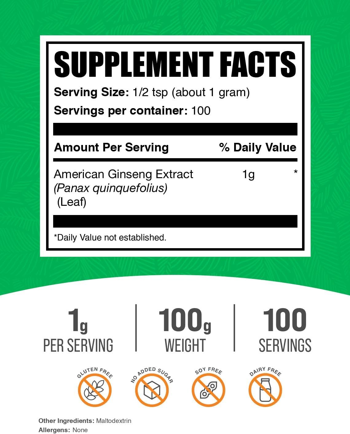 BulkSupplements.com American Ginseng Extract Powder - 1000mg per Serving, 100g (3.5 oz), Gluten Free - Herbal Supplement with Ginseng - Pack of 1