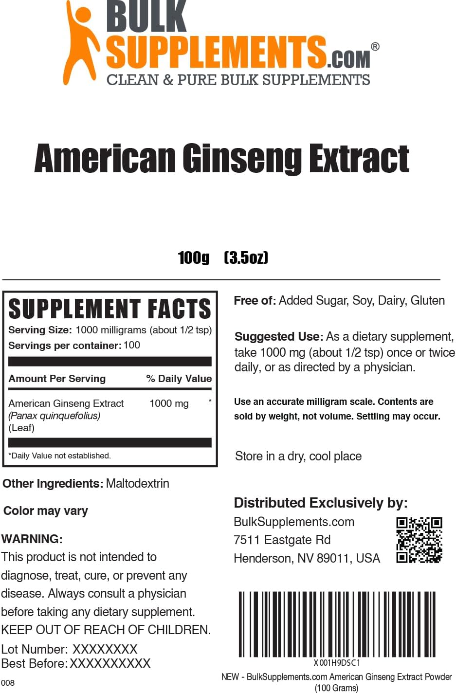 BulkSupplements.com American Ginseng Extract Powder - 1000mg per Serving, 100g (3.5 oz), Gluten Free - Herbal Supplement with Ginseng - Pack of 1