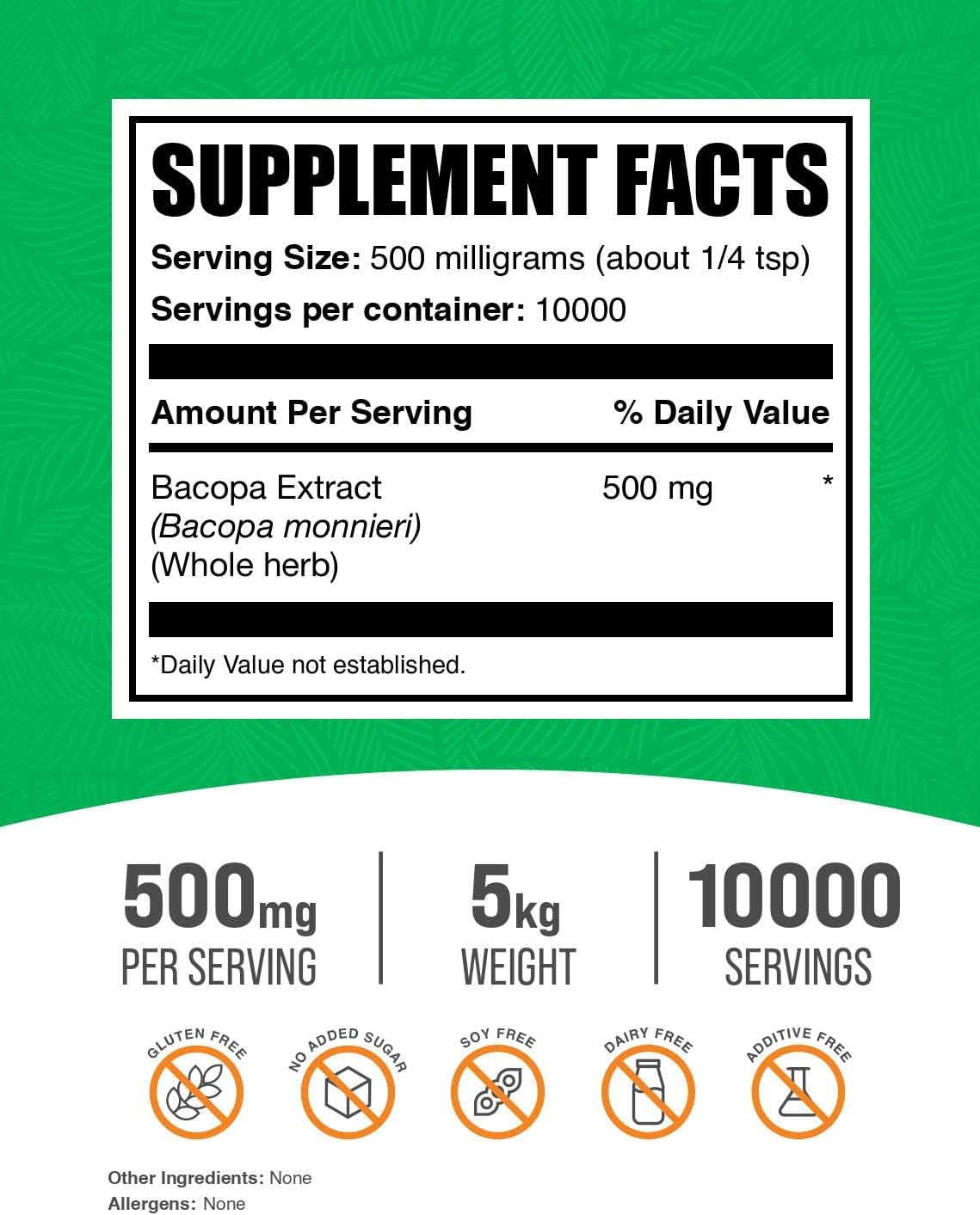 BulkSupplements.com Bacopa Monnieri Extract Powder - Vegan Gluten Free Supplement, 500mg per Serving - 5kg (11 lbs) Pack of 5
