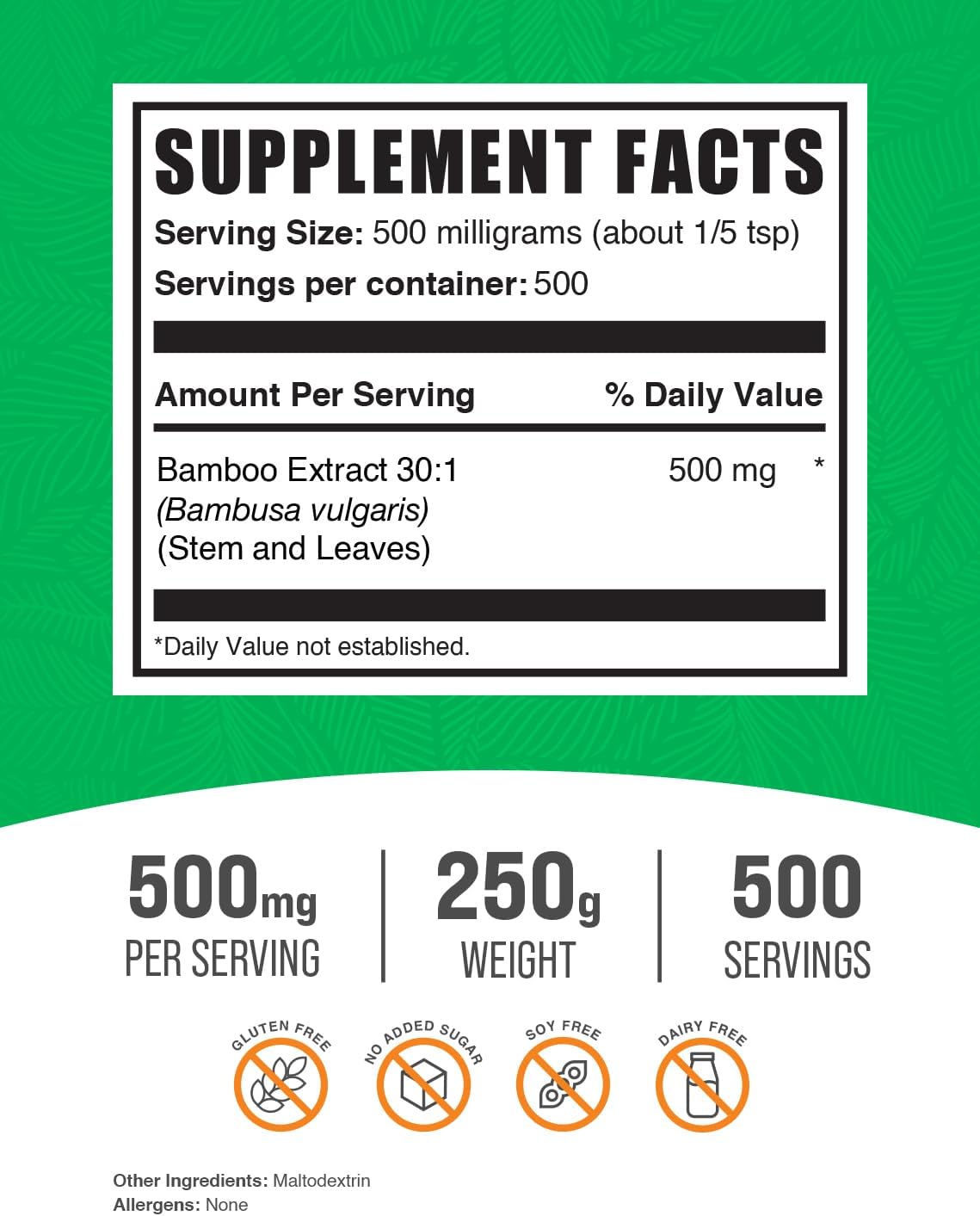 BulkSupplements.com Bamboo Extract Powder - Herbal Silica Supplement, Gluten-Free Bamboo Powder - 500mg per Serving, 250g (8.8 oz)