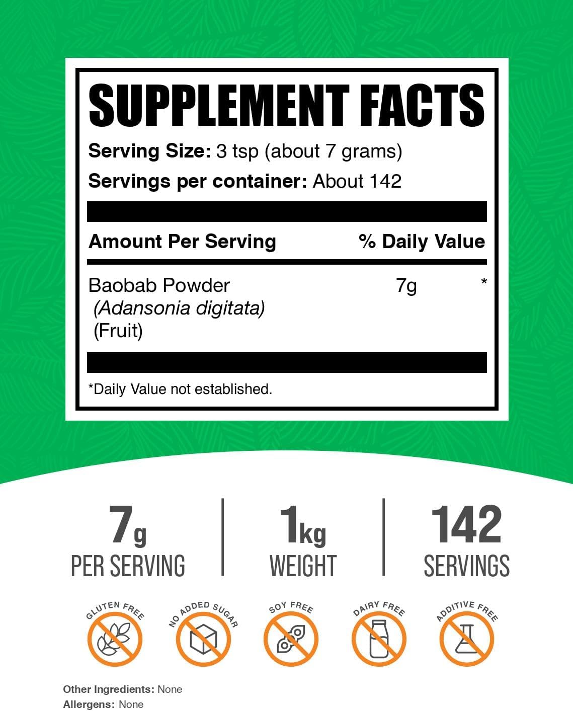 BulkSupplements.com Baobab Powder - Pure Baobab Fruit Supplement, Rich in Antioxidants, Vitamin C, and Fiber - Gluten-Free Superfood, 1kg (2.2 lbs)