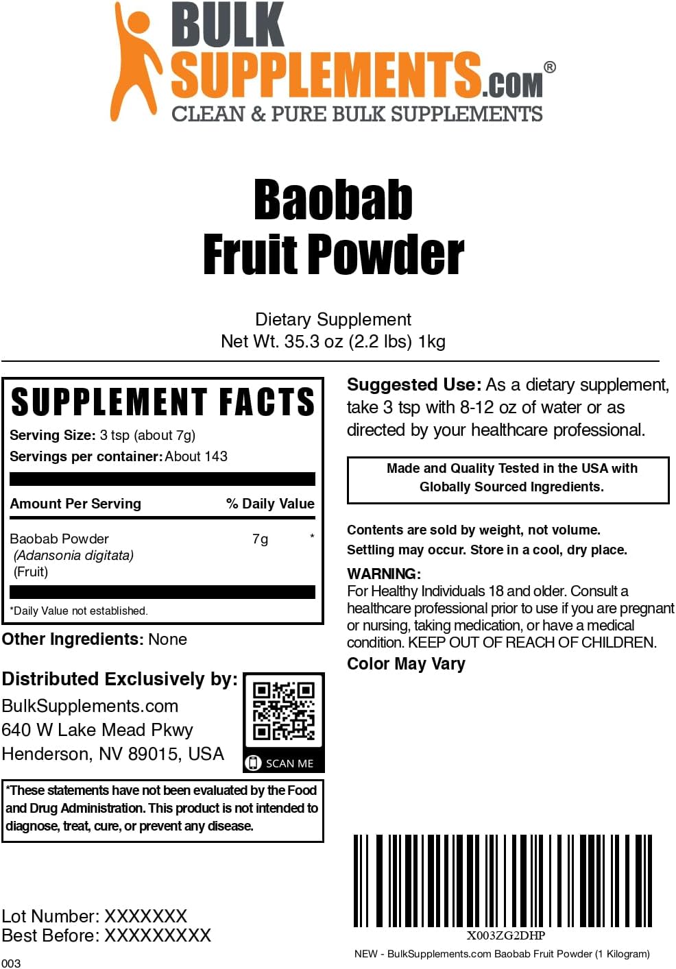 BulkSupplements.com Baobab Powder - Pure Baobab Fruit Supplement, Rich in Antioxidants, Vitamin C, and Fiber - Gluten-Free Superfood, 1kg (2.2 lbs)