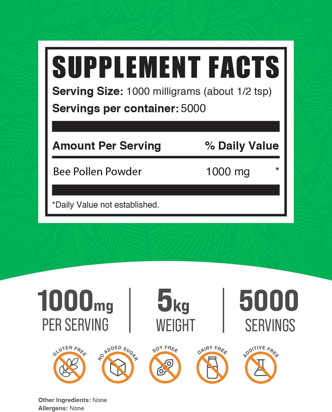 BulkSupplements.com Bee Pollen Powder - Immune Support Superfood Supplement, Natural & Gluten Free, 1000mg per Serving, 5kg (11 lbs) - Pack of 5