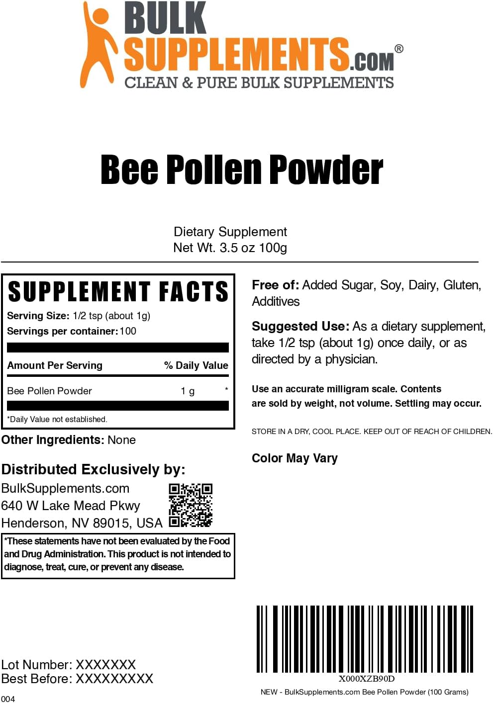BulkSupplements.com Bee Pollen Powder - Immune Support Superfood Supplement, Natural & Gluten Free - 1000mg per Serving - 100g (3.5 oz) Pack of 1