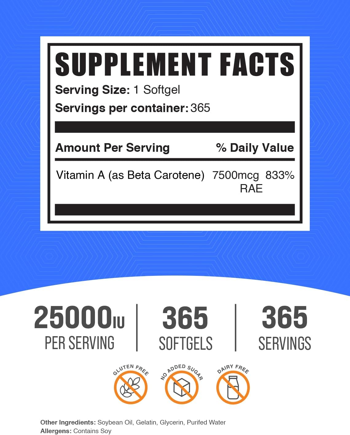 BulkSupplements.com Beta Carotene Softgels - Vitamin A Eye Support Supplement - Gluten Free, 365 Count - 25000 IU, 1 Softgel/Serving