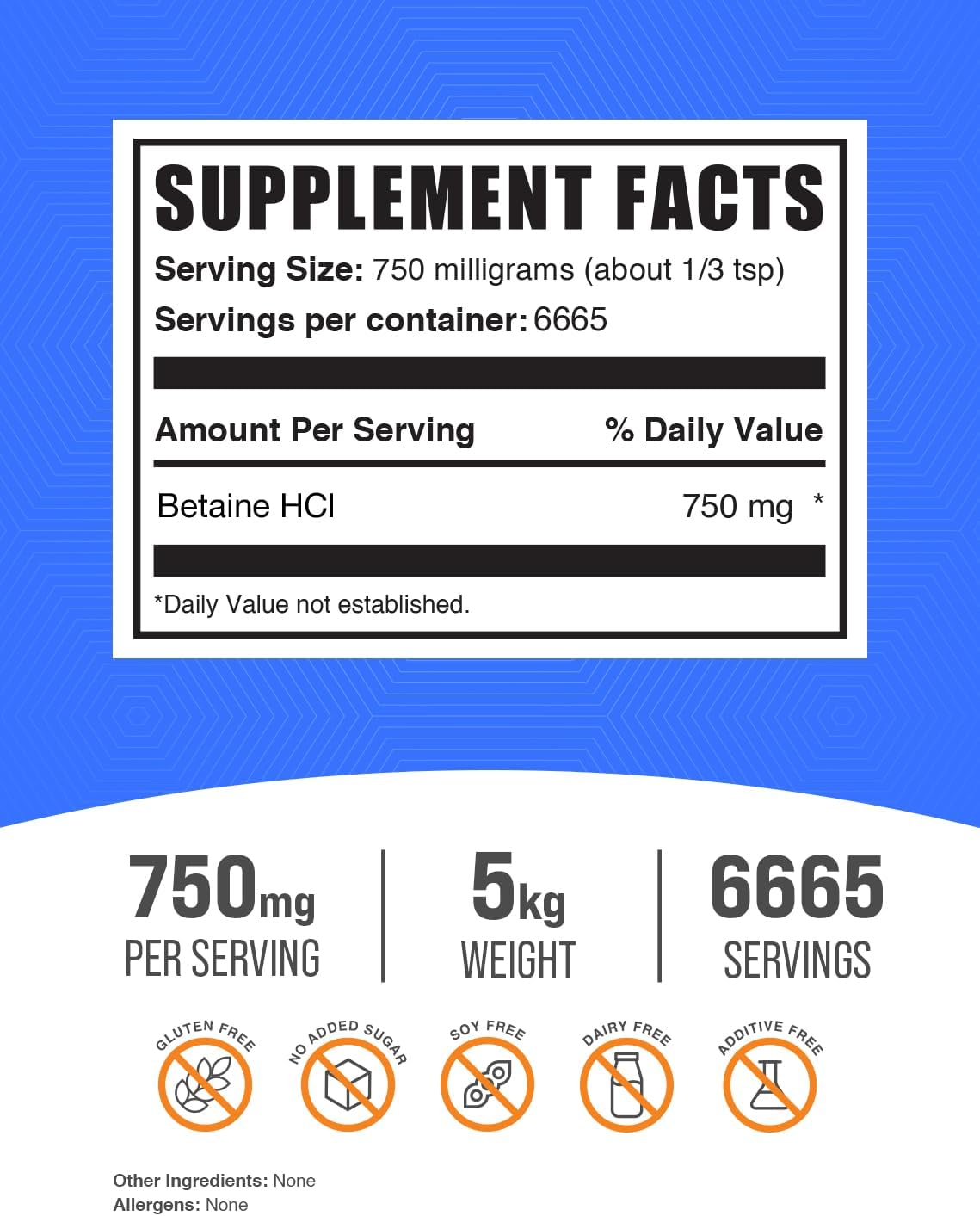 BulkSupplements.com Betaine HCl Powder - 750mg per Serving, Digestive Health Support Supplement - Gluten Free, 5kg (11 lbs) Bottle