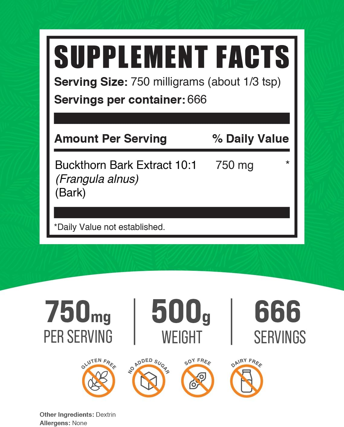BulkSupplements.com Buckthorn Bark Extract Powder - Herbal Supplement - Gluten Free - 500g (1.1 lbs) - 750mg per Serving