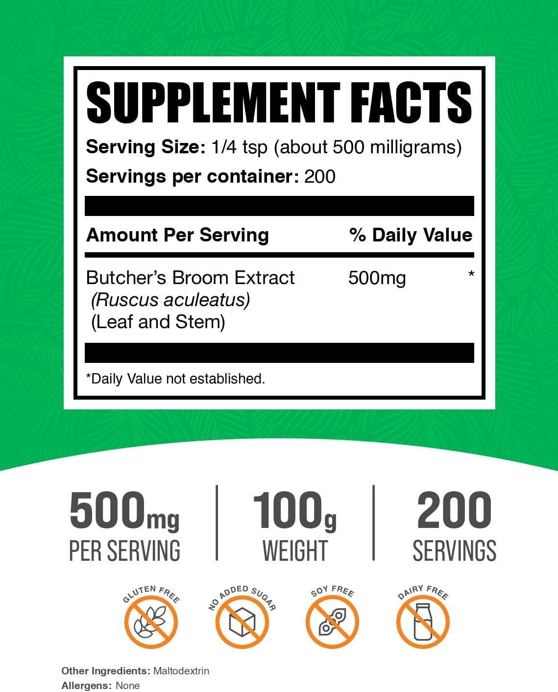 BulkSupplements.com Butcher's Broom Extract Powder - Herbal Supplement, Gluten Free, 500mg per Serving, 100g (3.5 oz) - Pack of 1
