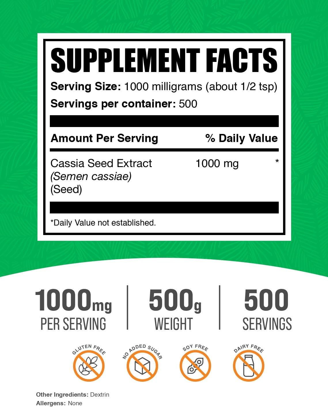 BulkSupplements.com Cassia Seed Extract Powder - Herbal Supplement for Eye & Liver Health - 1000mg per Serving, 500 Servings - 500g