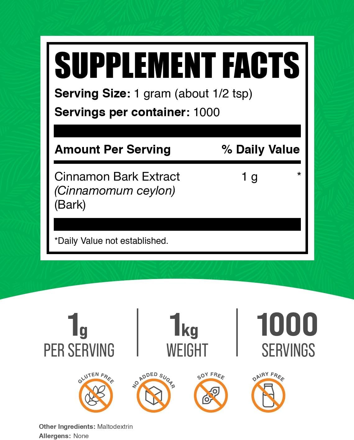 BulkSupplements.com Ceylon Cinnamon Extract Powder - 1000mg per Serving, 1kg (2.2 lbs) - Gluten & Soy Free Cinnamon Supplement Pack