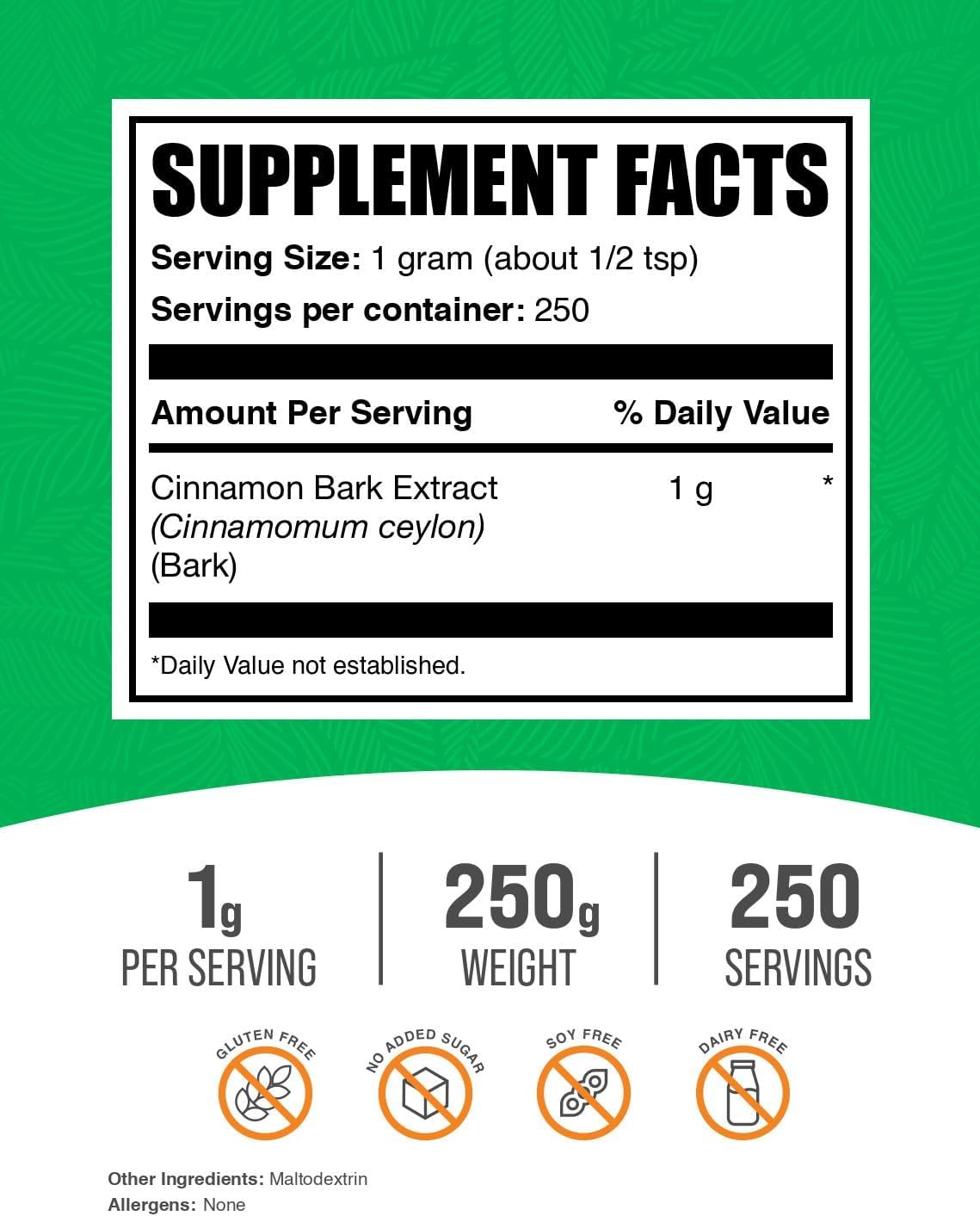 BulkSupplements.com Ceylon Cinnamon Extract Powder - 1000mg per Serving, Pack of 1 - Gluten & Soy Free - Cinnamon Supplement - 250g (8.8 oz)